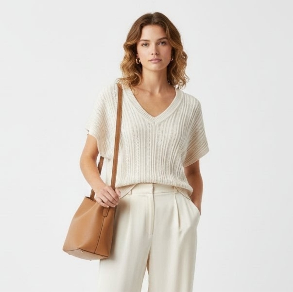 Elie Tahari Viscose Cable Knit Open Stitch Short Sleeve Oversized Sweater, Sz M